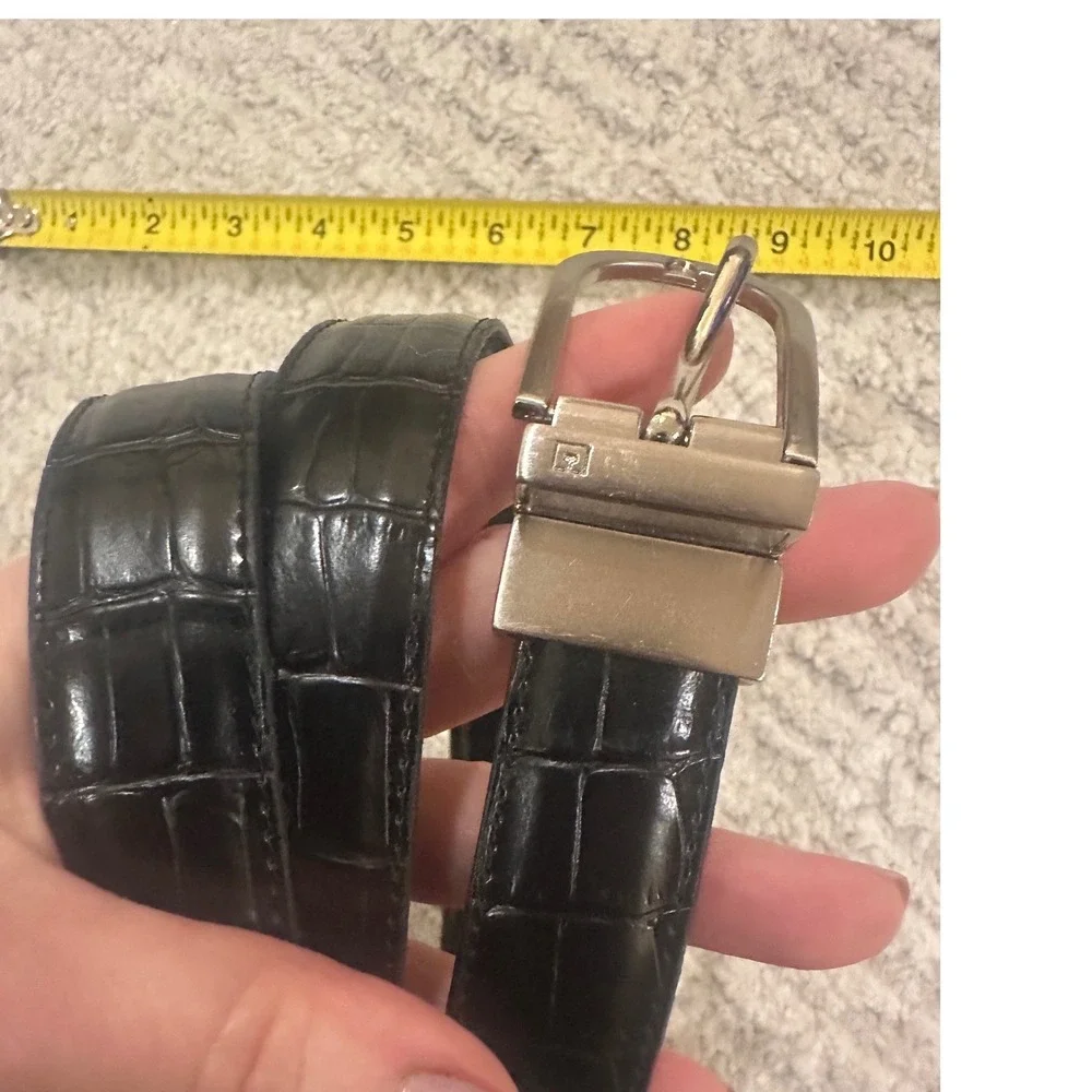 Pierre Cardin Reversible Black Croc Lizard Embossed Leather Belt Silver Buckle
